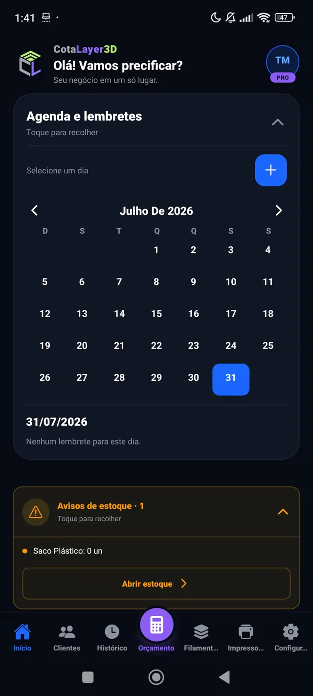 Agenda, calendário e avisos de estoque na tela inicial