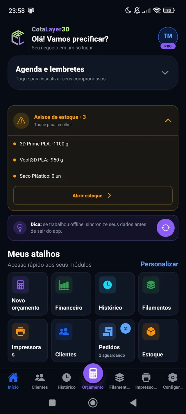 Tela inicial com avisos e atalhos
